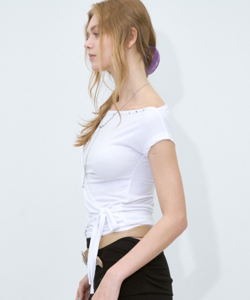 Rohwel(ローウェル)の「Stud Cache-Coeur Tops / スタッズカシュクールトップス(Tシャツ/カットソー・レディース・ホワイト/パープル/ブラック/グレー・FREE)」の21枚目の写真