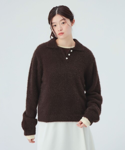 BEAMS HEART(ビームスハート)の「シャギー ポロ ニット(ニット/セーター・レディース・ブラウン/ホワイト系その他5/レッド・FREE)」の3枚目の写真