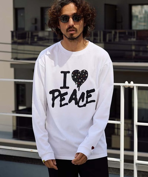 STUD MUFFIN(スタッドマフィン)の「STUD MUFFIN/スタッドマフィン/IハートPeace LS(Tシャツ/カットソー・メンズ・ホワイト/ブラック・3/2)」の1枚目の写真