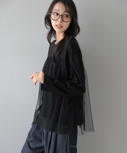 AMELY(エミリー)の「チュールレイヤード ロングTシャツ/ふんわり/フェミニン(Tシャツ/カットソー・レディース・グレー/ブラック/ベージュ・フリー)」の18枚目の写真