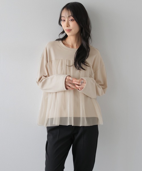 AMELY(エミリー)の「チュールレイヤード ロングTシャツ/ふんわり/フェミニン(Tシャツ/カットソー・レディース・グレー/ブラック/ベージュ・フリー)」の11枚目の写真