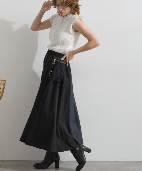Material(Avenue)(マテリアル)の「【Material】シャドーナイロン チャーム付きメッシュポケット フレア イージー ロング スカート(スカート・レディース・ダークブラウン/テラコッタ/ブラック・FREE)」の13枚目の写真