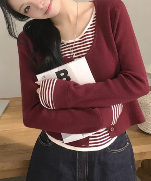 VIVID LADY(ビビッドレディー)の「ボーダーレイヤード カーディガン風 プルオーバー ニットトップス(ニット/セーター・レディース・ブラック/ワイン/ダークブラウン・FREE)」の20枚目の写真