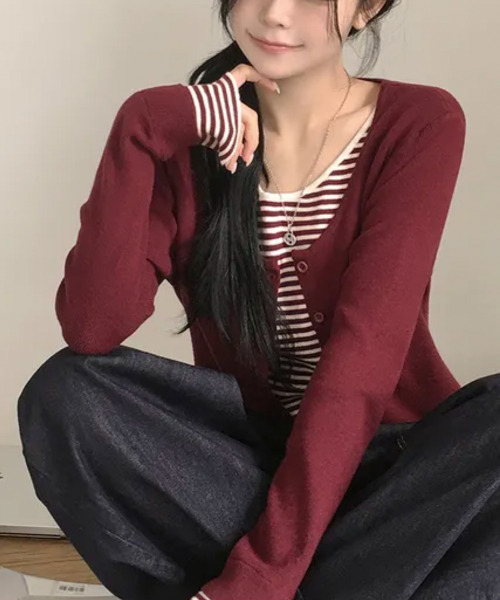VIVID LADY(ビビッドレディー)の「ボーダーレイヤード カーディガン風 プルオーバー ニットトップス(ニット/セーター・レディース・ブラック/ワイン/ダークブラウン・FREE)」の22枚目の写真