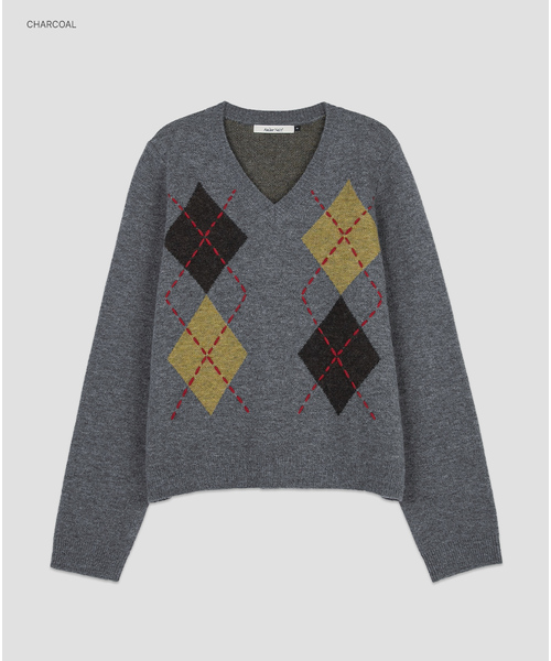 ATELIER NAIN(アトリエナイン)の「(T-7305)ARGYLE WOOL STITCH POINT V-NECK KNIT(ニット/セーター・レディース・チャコール/ダークネイビー・FREE)」の2枚目の写真