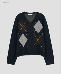 (T-7305)ARGYLE WOOL STITCH POINT V-NECK KNIT