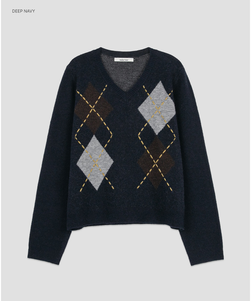 ATELIER NAIN(アトリエナイン)の「(T-7305)ARGYLE WOOL STITCH POINT V-NECK KNIT(ニット/セーター・レディース・チャコール/ダークネイビー・FREE)」の1枚目の写真