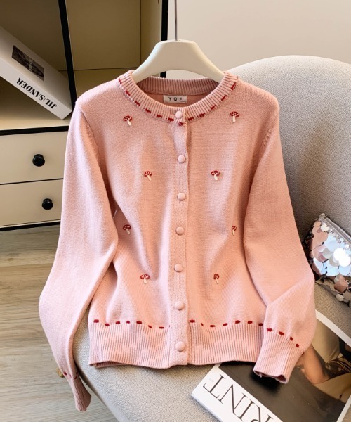 LUCPY（ラクピー）の「フラワー刺繍 配色ステッチニットカーディガン（カーディガン/ボレロ・レディース・ダークグレー/グレー/ピンク/レッド・FREE）」の3枚目の写真