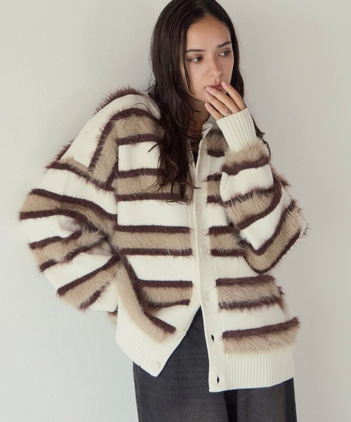 PBLIM(ページボーイリム)の「《UNISEX》フェザーボーダーカーディガン(カーディガン/ボレロ・レディース・ブラウン系/ブルー系・FREE)」の1枚目の写真
