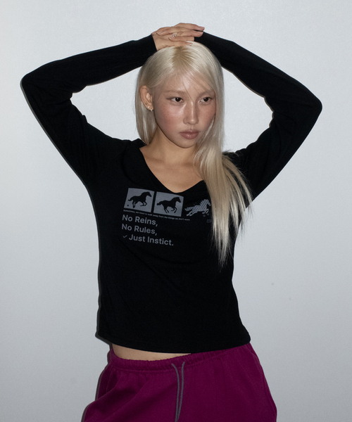 CHICKS(チックス)の「インスティンクト ドット ホース Vネック スリム 長袖 Tシャツ ブラック(Tシャツ/カットソー・レディース・ブラック・ONE SIZE)」の1枚目の写真