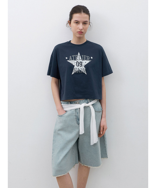 ATELIER NAIN（アトリエナイン）の「ATELIER NAIN STAR OVER CROP TEE (T-7221)（Tシャツ/カットソー・レディース・ヘザーグレー/ダークネイビー・FREE）」の3枚目の写真
