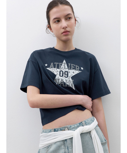 ATELIER NAIN（アトリエナイン）の「ATELIER NAIN STAR OVER CROP TEE (T-7221)（Tシャツ/カットソー・レディース・ヘザーグレー/ダークネイビー・FREE）」の4枚目の写真
