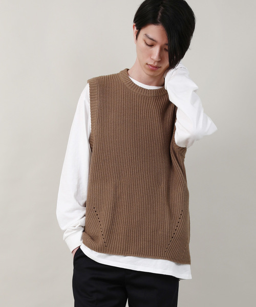 Rocky Monroe（ロッキーモンロー）の「畦編みニットベスト（ベスト・メンズ・ベージュ/ネイビー/ブラック/インディゴブルー/カーキ/グレー・M/L/XL）」の12枚目の写真