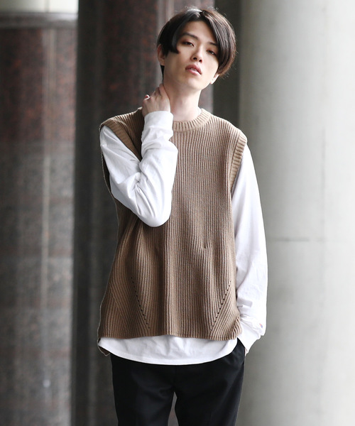 Rocky Monroe（ロッキーモンロー）の「畦編みニットベスト（ベスト・メンズ・ベージュ/ネイビー/ブラック/インディゴブルー/カーキ/グレー・M/L/XL）」の10枚目の写真