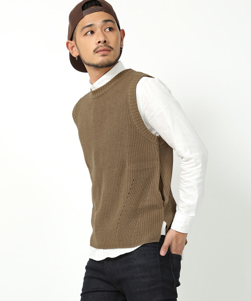 Rocky Monroe（ロッキーモンロー）の「畦編みニットベスト（ベスト・メンズ・ベージュ/ネイビー/ブラック/インディゴブルー/カーキ/グレー・M/L/XL）」の9枚目の写真
