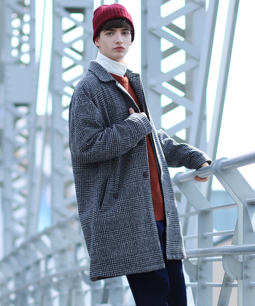 EMMA CLOTHES（エマクローズ）の「ウール混メルトンバルカラーコート（ステンカラーコート・メンズ・ブラック/カーキ/チェック・M/L）」の3枚目の写真