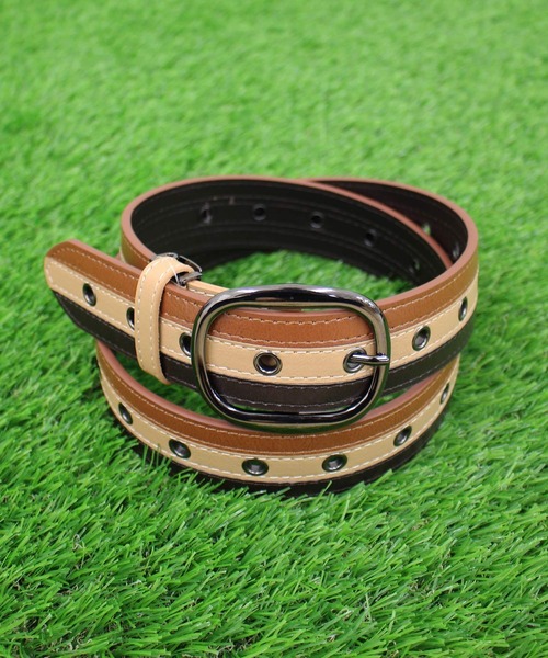 TopIsm（トップイズム）の「フリーサイズホール3ラインアイレットゴルフベルト（ゴルフグッズ・メンズ・ダークブラウン/ベージュ/ブルー・F）」の3枚目の写真