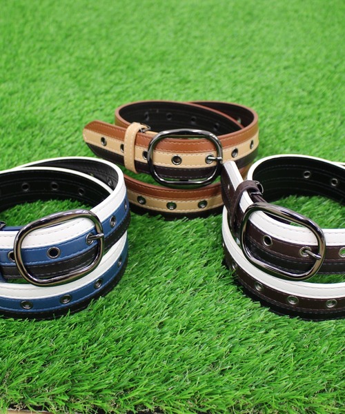 TopIsm（トップイズム）の「フリーサイズホール3ラインアイレットゴルフベルト（ゴルフグッズ・メンズ・ダークブラウン/ベージュ/ブルー・F）」の4枚目の写真