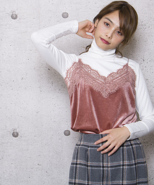 lala Born(ララボーン)の「ベロア×レースキャミソール(キャミソール・レディース・グリーン/ピンク/ホワイト/イエロー/ネイビー/ブラック/ブラウン・FREE)」の7枚目の写真