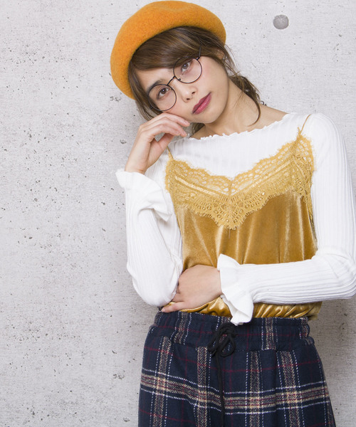 lala Born(ララボーン)の「ベロア×レースキャミソール(キャミソール・レディース・グリーン/ピンク/ホワイト/イエロー/ネイビー/ブラック/ブラウン・FREE)」の6枚目の写真