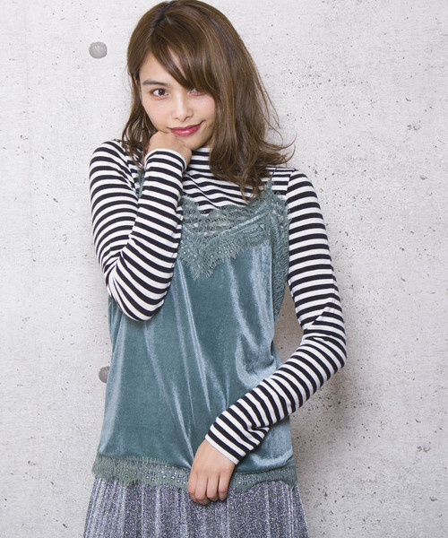 lala Born(ララボーン)の「ベロア×レースキャミソール(キャミソール・レディース・グリーン/ピンク/ホワイト/イエロー/ネイビー/ブラック/ブラウン・FREE)」の5枚目の写真