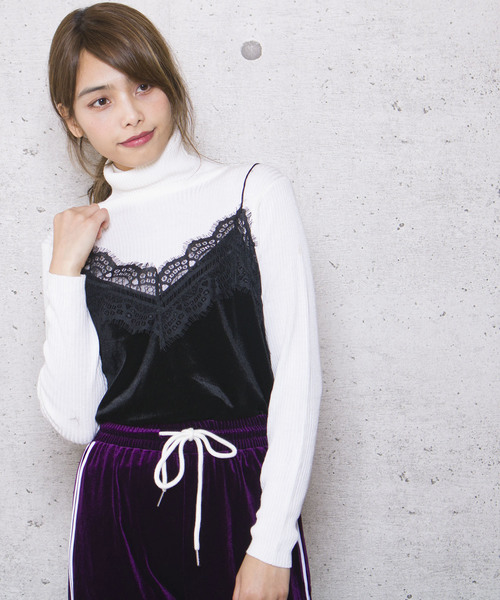lala Born(ララボーン)の「ベロア×レースキャミソール(キャミソール・レディース・グリーン/ピンク/ホワイト/イエロー/ネイビー/ブラック/ブラウン・FREE)」の1枚目の写真