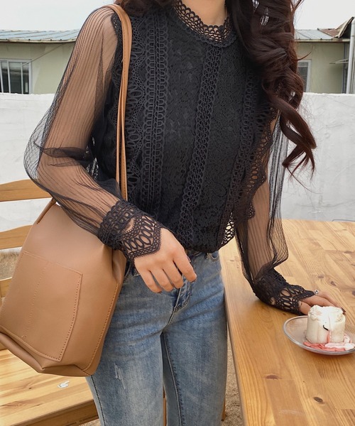 Diosfront(ディオスフロント)の「レース シア ブラウス(シャツ/ブラウス)」|ブラック