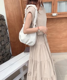 2WAY セットアップ風 フレンチスリーブ ティアードロングワンピース