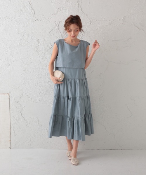 美品★アンタイトル　24ss　フレンチスリーブ　ロングワンピース　ティアード セール】2WAY セットアップ風 フレンチスリーブ ティアード