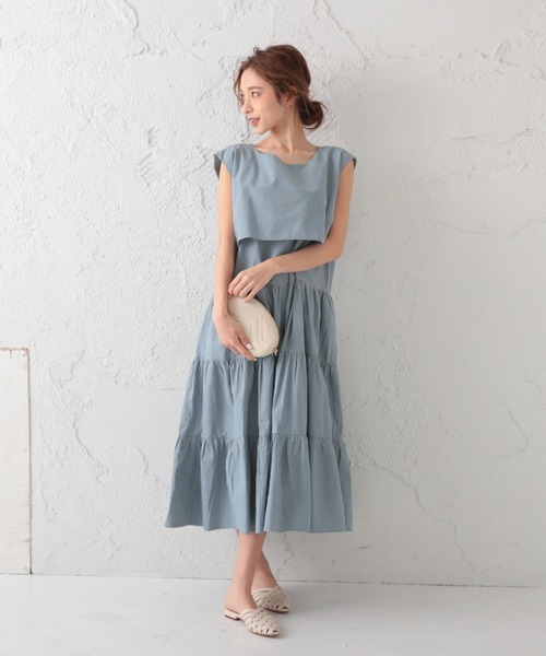 ABITOKYO（アビトーキョー）の「2WAY セットアップ風 フレンチスリーブ ティアードロングワンピース（ワンピース・レディース・チャコールグレー/ベージュ/オフホワイト/サックスブルー/ライトベージュ/ライトグリーン/ブラック/ネイビー・FREE）」の18枚目の写真