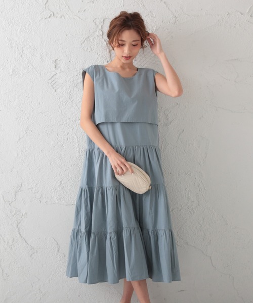 ABITOKYO（アビトーキョー）の「2WAY セットアップ風 フレンチスリーブ ティアードロングワンピース（ワンピース・レディース・チャコールグレー/ベージュ/オフホワイト/サックスブルー/ライトベージュ/ライトグリーン/ブラック/ネイビー・FREE）」の12枚目の写真