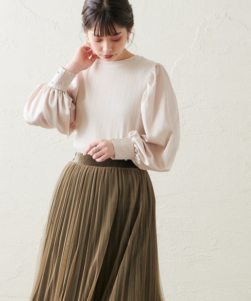 natural couture（ナチュラルクチュール）の「【WEB限定カラー有り】異素材切替たっぷりギャザースリーブプルオーバー（ニット/セーター・レディース・ブラウン/アイボリー/ラベンダー/ピンクベージュ・FREE）」の6枚目の写真