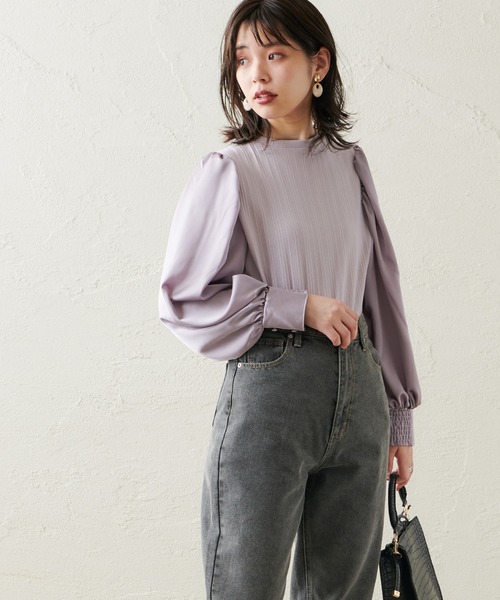 natural couture（ナチュラルクチュール）の「【WEB限定カラー有り】異素材切替たっぷりギャザースリーブプルオーバー（ニット/セーター・レディース・ブラウン/アイボリー/ラベンダー/ピンクベージュ・FREE）」の15枚目の写真