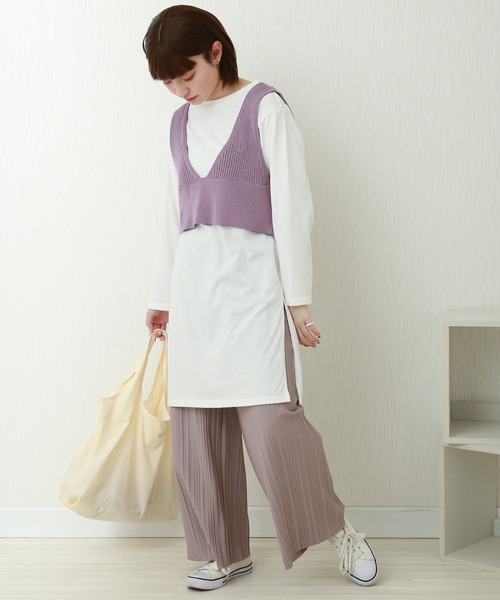 libelle more(リベル モア)の「2wayリブベスト+天竺ロンT セット(Tシャツ/カットソー・レディース・グレイッシュベージュ/ブラック/モカ/ラベンダー・M)」の5枚目の写真