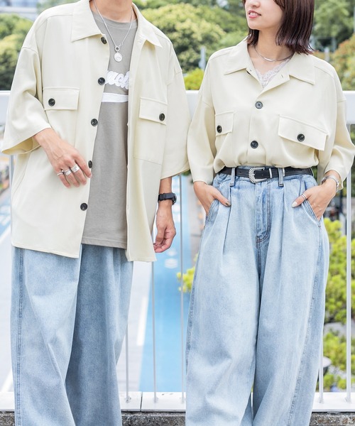 PairPair（ペアペア）の「ダブルポケットルーズシャツ（ユニセックス）（シャツ/ブラウス・メンズ・カーキ/アイボリー/グレイッシュブルー・MEDIUM/LARGE）」の2枚目の写真