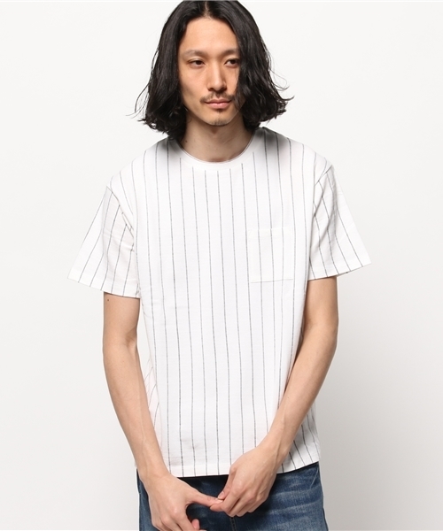 WEGO（ウィゴー）の「WEGO/鹿の子ストライプポケTシャツ（Tシャツ/カットソー・メンズ・ホワイト/ブラック・LARGE/MEDIUM）」の2枚目の写真