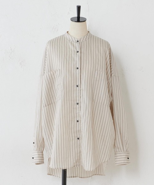 BEARDSLEY（ビアズリー）の「トルコのインポート素材を使ったストライプポケットシャツ（シャツ/ブラウス・レディース・ベージュ/グリーン・FREE）」の5枚目の写真