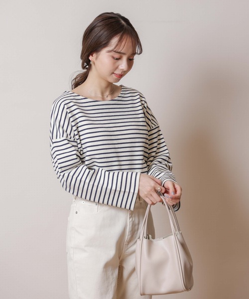 flower(フラワー)の「レインボーボーダートップ(Tシャツ/カットソー・レディース・ベージュ/ネイビー/カーキ/ピンク/オレンジ・FREE)」の4枚目の写真