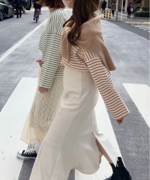 flower(フラワー)の「レインボーボーダートップ(Tシャツ/カットソー・レディース・ベージュ/ネイビー/カーキ/ピンク/オレンジ・FREE)」の12枚目の写真