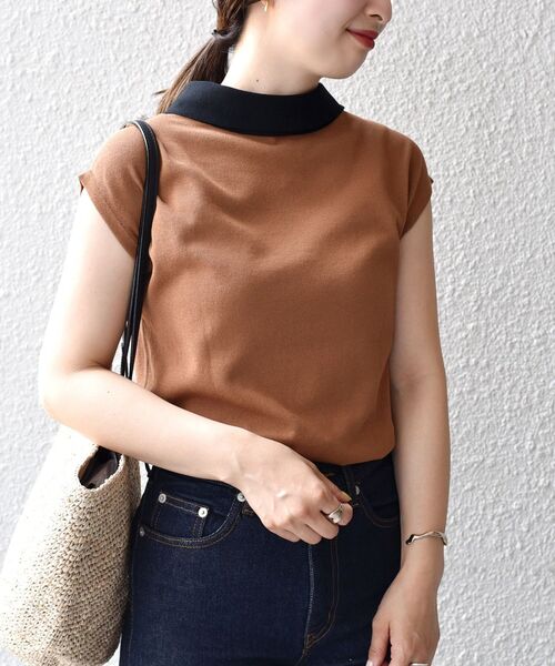 SHIPS（シップス）の「*〈手洗い可能/UVカット/接触冷感〉パールモチーフボウタイニット ボーダー/ソリッド◆（ニット/セーター・レディース・ブラック/ネイビー/オフホワイト/ダークグレー/ブラウン/ブラック系・ONE SIZE）」の18枚目の写真