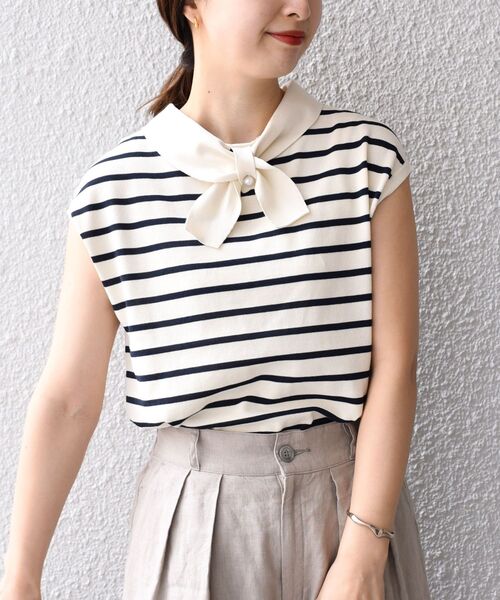 SHIPS（シップス）の「*〈手洗い可能/UVカット/接触冷感〉パールモチーフボウタイニット ボーダー/ソリッド◆（ニット/セーター・レディース・ブラック/ネイビー/オフホワイト/ダークグレー/ブラウン/ブラック系・ONE SIZE）」の14枚目の写真