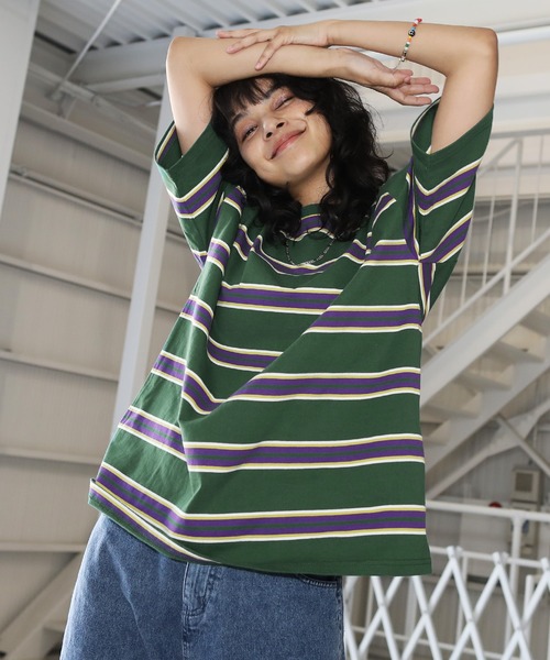 MSG（エムエスジー）の「Buyer's Select/オーバーサイズ5分袖ボーダー Tシャツ マルチボーダー（Tシャツ/カットソー・メンズ・イエロー系/ネイビー系1/ベージュ系1/ホワイト/ブラック/ブラック系1/ブラック系/ホワイト系1/チャコール/グリーン/グリーン系/ホワイト系/オレンジ系/ネイビー・L/XL/M）」の10枚目の写真