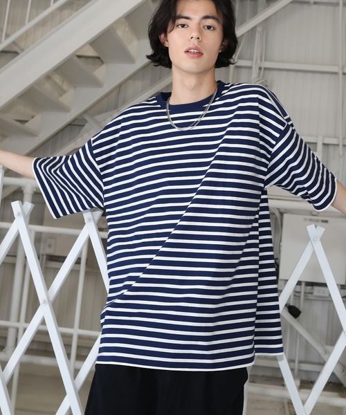 MSG（エムエスジー）の「Buyer's Select/オーバーサイズ5分袖ボーダー Tシャツ マルチボーダー（Tシャツ/カットソー・メンズ・イエロー系/ネイビー系1/ベージュ系1/ホワイト/ブラック/ブラック系1/ブラック系/ホワイト系1/チャコール/グリーン/グリーン系/ホワイト系/オレンジ系/ネイビー・L/XL/M）」の12枚目の写真