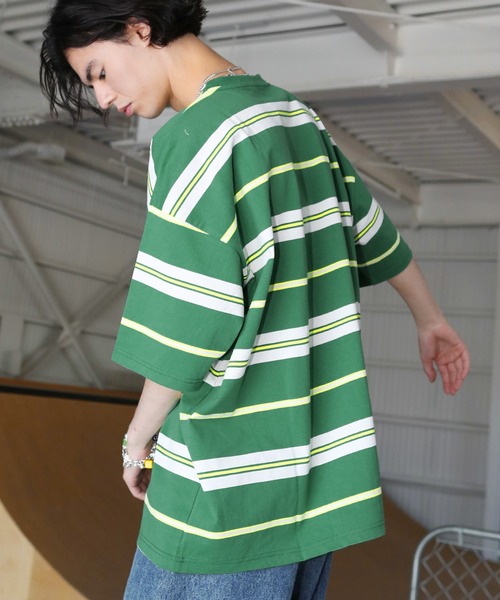 MSG（エムエスジー）の「Buyer's Select/オーバーサイズ5分袖ボーダー Tシャツ マルチボーダー（Tシャツ/カットソー・メンズ・イエロー系/ネイビー系1/ベージュ系1/ホワイト/ブラック/ブラック系1/ブラック系/ホワイト系1/チャコール/グリーン/グリーン系/ホワイト系/オレンジ系/ネイビー・L/XL/M）」の9枚目の写真