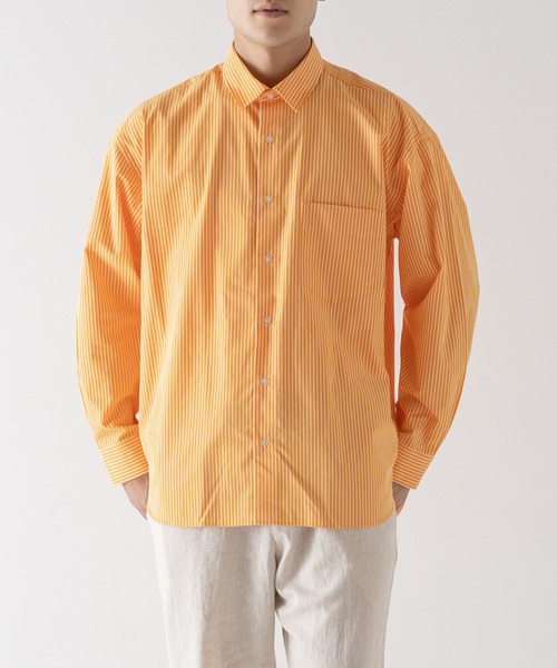 未使用marimekko オレンジ✖️ベージュ ストライプ長袖シャツ S BRICK & SONS（ブリックアンドサンズ）の「リラックスバックプリーツ