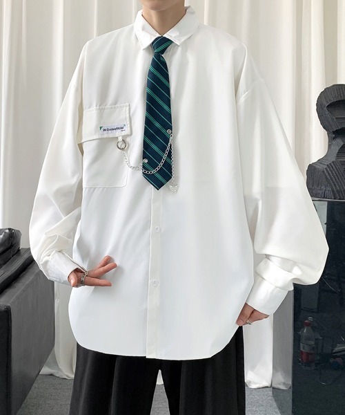 FVLMEN(フルメン)の「【FVLMEN】border tie charm longsleeve shirt/ボーダータイ チャーム付 ロングスリーブ シャツ(シャツ/ブラウス・メンズ・ホワイト/ブラック/ブルー・MEDIUM/LARGE/X-LARGE)」の1枚目の写真