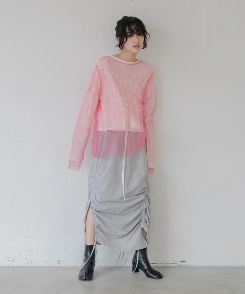 VACANCY（ヴァカンシー）の「シャーリングチュールトップス（Tシャツ/カットソー・レディース・ブラック/アイボリー/ピンク・FREE）」の12枚目の写真