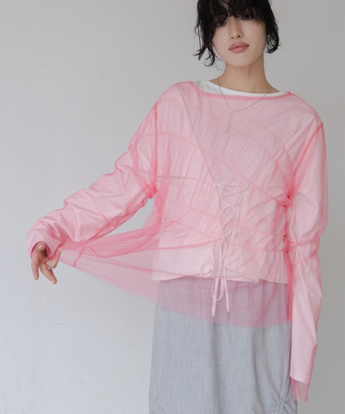 VACANCY（ヴァカンシー）の「シャーリングチュールトップス（Tシャツ/カットソー・レディース・ブラック/アイボリー/ピンク・FREE）」の6枚目の写真