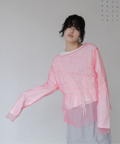 VACANCY（ヴァカンシー）の「シャーリングチュールトップス（Tシャツ/カットソー・レディース・ブラック/アイボリー/ピンク・FREE）」の4枚目の写真