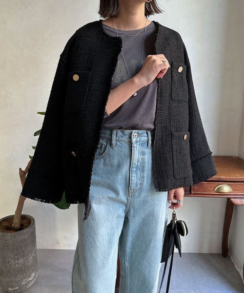 DouDou（ドゥドゥ）の「SSツイードジャケット（ノーカラージャケット・レディース・ブラック/オフホワイト/グレー/ブルー/ブラック系その他・FREE）」の21枚目の写真